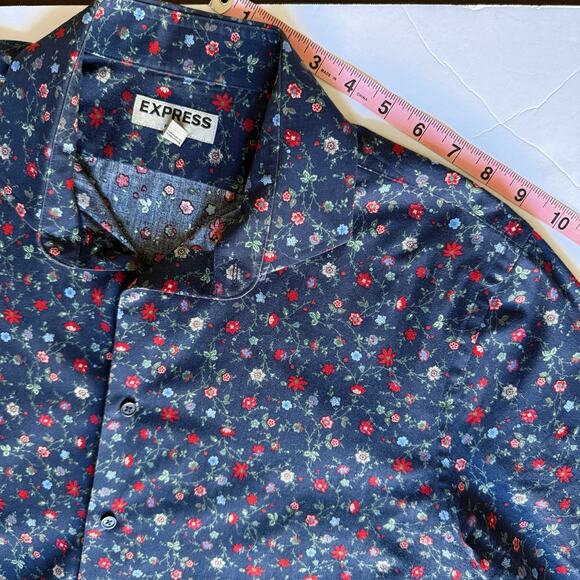 Express Fitted Men's Button-Up Shirt L 16-16½ Navy Blue Red Floral Long Sleeve - Picture 6 of 9